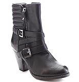 Women's Strappy Chunk Heel Dual Buckle Padded Back Dress Boots in Black, Tan, Brown (10, Black)