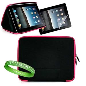 Apple Ipad Case with Stand Accessories Kit Includes  Snug Fit Black Case with Pink Trim + Custom Cut iPad Screen Protector + Live * Laugh * Love Silicone Wrist Band!!!