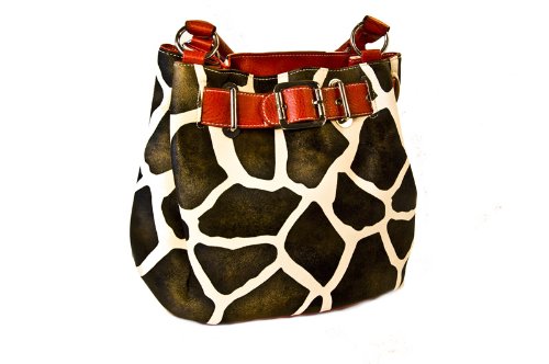 Small Red Buckle Vicky Giraffe Print Faux Leather Satchel Bag Hand Shoulder Tote Bag Animal Purse