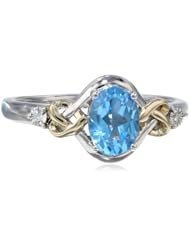 Sterling Silver, 14k Yellow Gold, Diamond, and Swiss Blue Topaz Love Knot Ring
