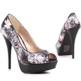 Damen Schuhe, PUMPS, SATIN HIGH HEELS PLATEAU PEEPTOE, S8029, Satin und Lack Leder Optik