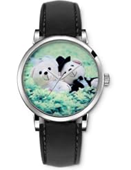 SPRAWL Aanalog Fashion Series Silver Ladies Watches of Genuine Black Leather Strap,Unique Wrist Watch for Women Girls Designed with Cute bears on the grass