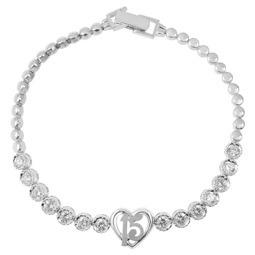 14k White Gold, 15 Anos Quinceanera Heart Bracelet with Lab Created ...