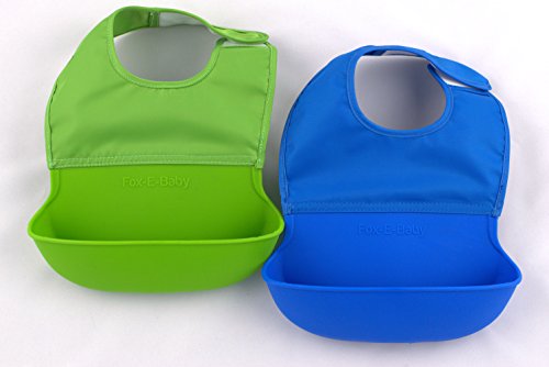 Silicone Bib Set, Roll Up Bib for Compact Storage! Strong Velcro for Simple On & Off to Fit Your Babies Neck, Dishwasher Safe! Set of 2 (Blue & Green)
