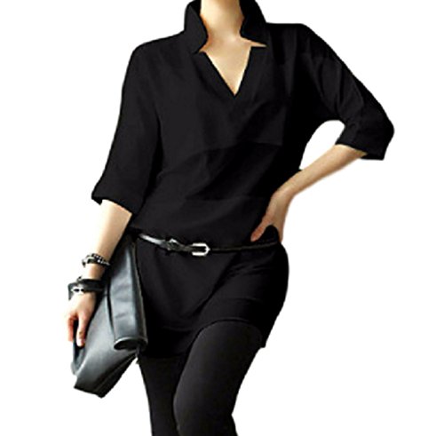 (ペプ) PEPU Vネック 七分袖 シフォン ブラウス シャツ レディース オフィス トップス 白 黒 ゆったり ベルト 付き