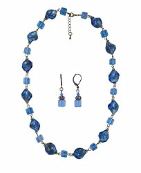 Necklace - Earrings Set - N491 - Murano & Glass Beads + Matching Earrings ~ Blue Twists and Cubes