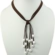 Brown Triple Strand Suede Necklace with Cascading White 9-10mm Cultured Pearls - in Various Colors