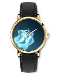 SPRAWL Aanalog Fashion Series Gold Ladies Watches of Genuine Black Leather Strap,Unique Wrist Watch for Women Girls Designed with Wave shaped shiny blue spot light
