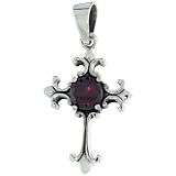 Sterling Silver Cross Fleury Pendant w/ Large Red CZ, w/ 18" Thin Box Chain