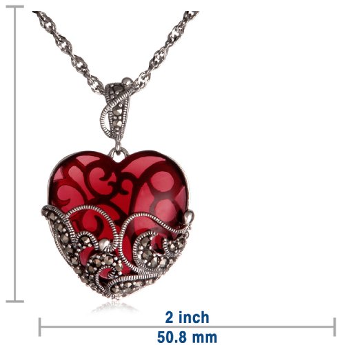 Sterling Silver Marcasite and Garnet Glass Heart Pendant, 18"