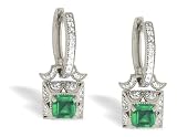 14K White Gold Genuine Square Emerald and Diamond Lever Back Earrings