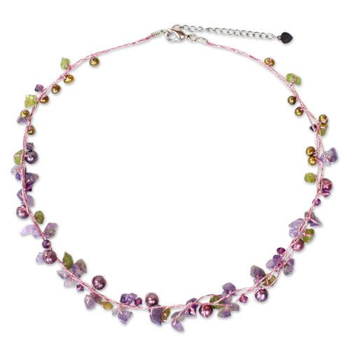 Pearl and amethyst strand necklace, 'Tropical Elite' - Amethyst and Peridot Necklace Handmade in Thailand