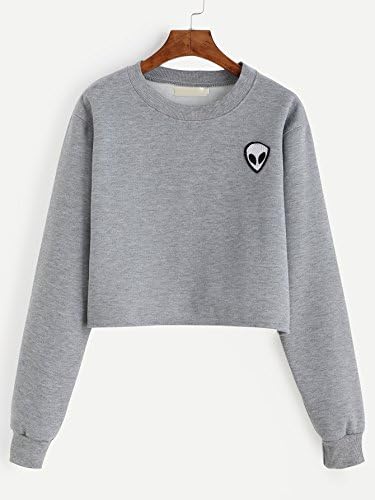 Women Cute Alien Print Long Sleeve Patch Crop Sweatshirt(Color:Grey Size:S,M,...
