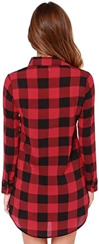 Women's Red Plaid Boyfriend Top Blouse Long T-shirt Dress (XXL, Red)