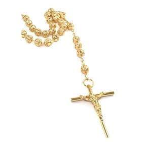 Unisex 30 Gorgeous 24k Yellow Gold Layered Filigree Beaded Rosary Necklace with Crucifix and Virgin...