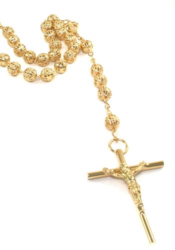Unisex 30″ Gorgeous 24k Yellow Gold Layered Filigree Beaded Rosary Necklace with Crucifix and Virgin Mary ~ IN FANCY VELOUR GIFT BOX
