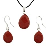 Red Jasper Faceted Pear Pendant and Earrings Set - Pendant (13x17mm) - Earrings (11x14mm) - Adjustable Cord Necklace