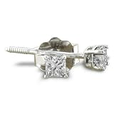 1/4ct Princess Diamond Stud Earrings 14k White Gold, Screw Backs, White Diamonds, Excellent Clarity