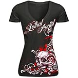 Lethal Threat (LT20288M) Women's Lethal Angel Floral Skull V-Neck T-Shirt (Black/Red, Medium)