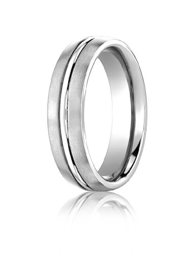 (Lifetime Guarantee) 14k White Gold Wedding Band Ring, Comfort Fit Satin Center Cut Design, 6mm wid