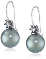 10k White Gold Black Tahitian Cultured Pearl with Diamond and Sapphire Accent Earrings and Pendant Necklace, 17"