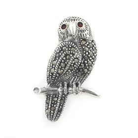 Cute Sterling Silver Marcasite Garnet Owl Pin Brooch by Silver Insanity