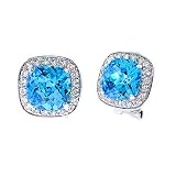 Square Blue Topaz C.Z. Diamond Silver Stud Earrings (Holiday Special)