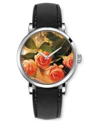SPRAWL Aanalog Fashion Series Silver Ladies Watches of Genuine Black Leather Strap,Unique Wrist Watch for Women Girls Designed with Clear orange roses