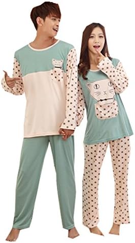 KM Couple Pure Cotton Pyjamas Long Sleeves Nightwear Set #6 Dots Cat (Female M)