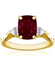 18K Yellow Gold Cushion Cut Ruby Three Stone Ring