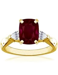 14K Yellow Gold Cushion Cut Ruby Three Stone Ring