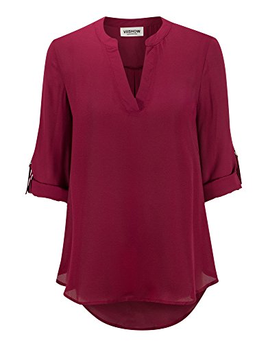VIISHOW Women's Summer Blouses V Neck Cuffed Sleeve Blouse Shirts Tops Red M