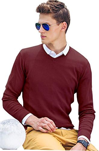 Pste Men's Classic V Neck Solid Slim Fit Basic Thin Knit Sweater Burgundy XL