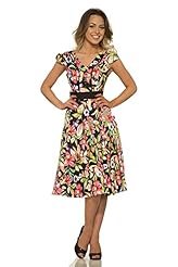 V-neck Tropical Print Fitted Flared-Skirt Cap Sleeves  Dress