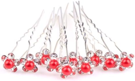 ILOVEDIY 10pcs Red Crystal Rhinestone Pearl Hair Pins Decorative for Women