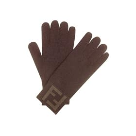Fendi Logo Cuff Knit Wool Gloves Brown