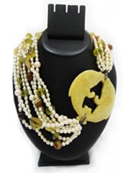 Genuine Pearl & Natural Stone Strand Necklace with Jade Stone & Koi Fish Side Pendant Gifts for Women