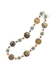 MMA Silver - 16 inch+2 inchExtension Necklace with Austrian Crystals, Ceramic and Brown Swirl Design Glass Beads