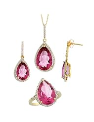 10k Gold Teardrop Dangle Earrings (26mm tall), Ring (17mm wide) & 18 in. Necklace SET, w/ Brilliant Cut Diamonds & Pear Cut Pink Topaz Stones; Ring Size 6