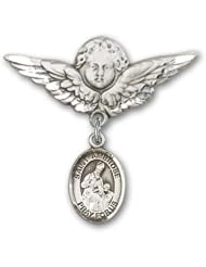 Sterling Silver Baby Badge with St. Ambrose Charm and Angel with Wings Badge Pin