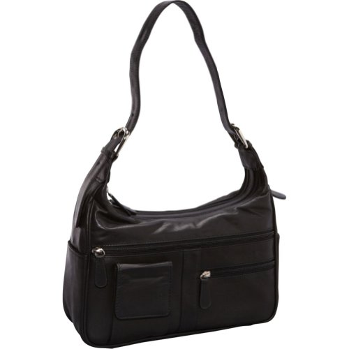 R & R Collections Double Top Zip Leather Hobo (BLACK)