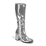 Womens Knee Boots 3 Inch Block Heel Sequins Sexy Knee High Silver
