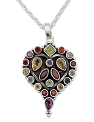 Garnet and amethyst pendant necklace, Hearts Desire - Heart Shaped Sterling Silver Necklace with Multigem