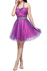 Cocktail Short Halter Natural   Waistline Satin/Tulle Beaded Open-Back Party Dress 