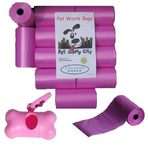 220 Pet Waste Bags, Dog Waste Bags, Bulk Poop Bags on a roll, Clean up poop bag refills – (Color: Pink) + FREE Bone Dispenser, by Pet Supply City LLC