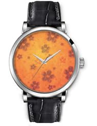 SPRAWL Aanalog Fashion Series Silver Ladies Watches of Genuine Black Leather Strap,Unique Wrist Watch for Women Girls Designed with Love flowers on orange background