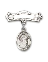 Sterling Silver Baby Badge with St. Brendan the Navigator Charm and Arched Polished Badge Pin. Catholic Saint Brendan Patron Saint of Sailors, Military, Seafarers, Navigators