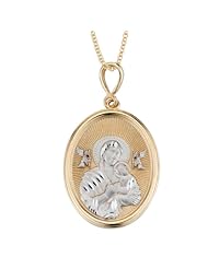 14k Two Tone Gold Mama Mary and Baby Jesus Oval Medal Necklace, 18"