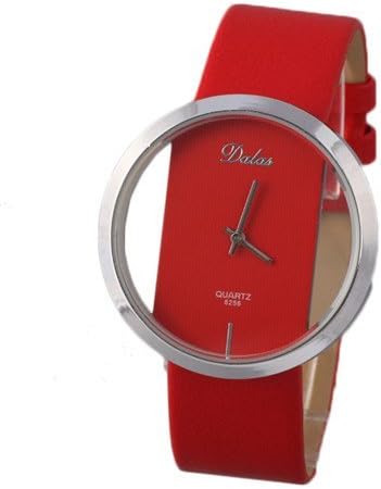 Hacbiwa Retro Design Leather Red Wrist Transparent Dial Watches