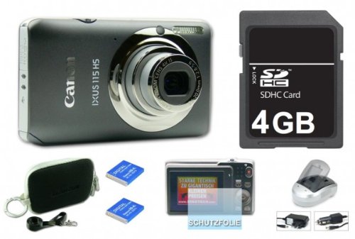 Canon Ixus 115 Grau Digitalkamera mit 4 GB SDHC Karte, Tasche, Schutzfolie, 2 x Fremdhersteller AKKUs und Multifunktion Ladegerät anstatt original